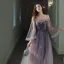 Elegant Purple Gradient-Color Evening Dresses  2020 A-Line / Princess Off-The-Shoulder Bell sleeves Appliques Flower Beading Glitter Tulle Floor-Length / Long Ruffle Backless
