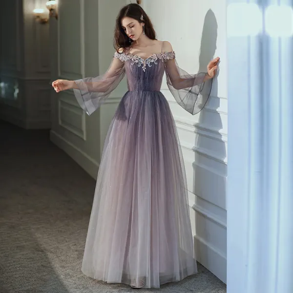 Elegant Purple Gradient-Color Evening Dresses 2020 A-Line / Princess Off-The-Shoulder Bell sleeves Appliques Flower Beading Glitter Tulle Floor-Length / Long Ruffle Backless