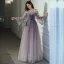 Elegant Purple Gradient-Color Evening Dresses  2020 A-Line / Princess Off-The-Shoulder Bell sleeves Appliques Flower Beading Glitter Tulle Floor-Length / Long Ruffle Backless