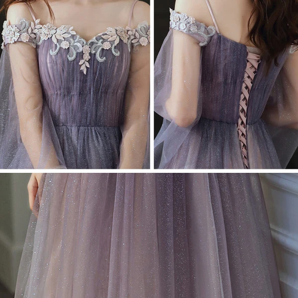 Elegant Purple Gradient-Color Evening Dresses 2020 A-Line / Princess Off-The-Shoulder Bell sleeves Appliques Flower Beading Glitter Tulle Floor-Length / Long Ruffle Backless