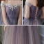 Elegant Purple Gradient-Color Evening Dresses  2020 A-Line / Princess Off-The-Shoulder Bell sleeves Appliques Flower Beading Glitter Tulle Floor-Length / Long Ruffle Backless