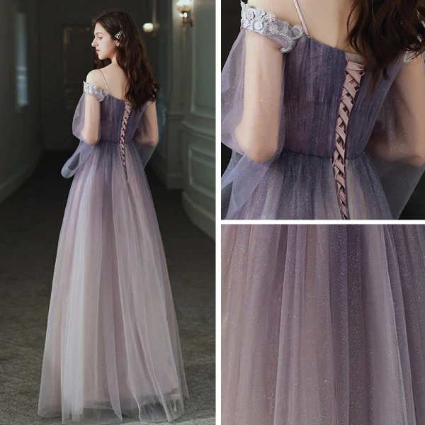 Elegant Purple Gradient-Color Evening Dresses 2020 A-Line / Princess Off-The-Shoulder Bell sleeves Appliques Flower Beading Glitter Tulle Floor-Length / Long Ruffle Backless