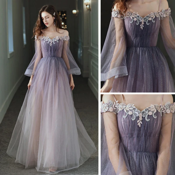 Elegant Purple Gradient-Color Evening Dresses 2020 A-Line / Princess Off-The-Shoulder Bell sleeves Appliques Flower Beading Glitter Tulle Floor-Length / Long Ruffle Backless