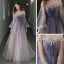 Elegant Purple Gradient-Color Evening Dresses  2020 A-Line / Princess Off-The-Shoulder Bell sleeves Appliques Flower Beading Glitter Tulle Floor-Length / Long Ruffle Backless