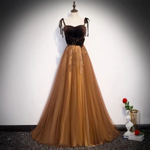 Chic Beautiful Brown Suede Evening Dresses 2020 A Line Princess Spaghetti Straps Sleeveless Beading Sweep Train Backless Formal Dresses