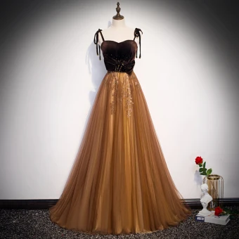 Chic Beautiful Brown Suede Evening Dresses 2020 A Line Princess Spaghetti Straps Sleeveless Beading Sweep Train Backless Formal Dresses