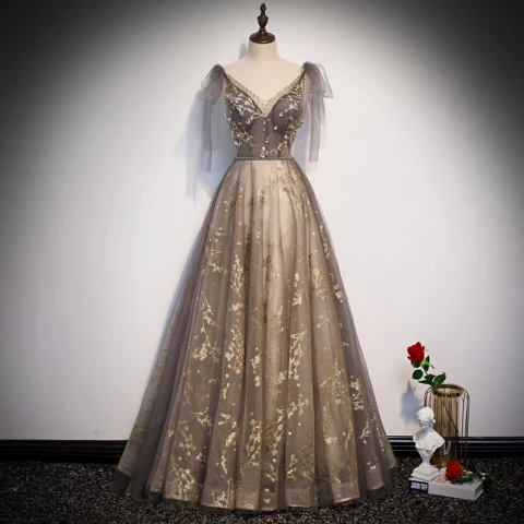 Hermoso Gris Oro Transparentes Vestidos de noche 2020 A-Line / Princess V-Cuello Sin Mangas Glitter Tul Rebordear Cinturón Largos Ruffle Sin Espalda Vestidos Formales