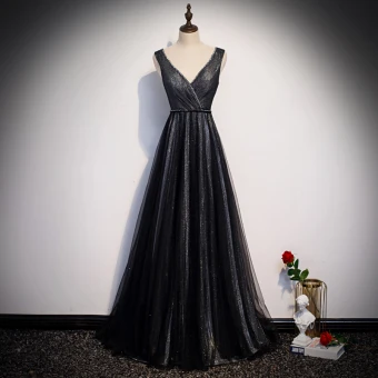 Mode Noire Robe De Soirée 2020 Princesse V Cou Sans Manches Glitter Tulle Perlage Ceinture Longue Volants Dos Nu Robe De Ceremonie