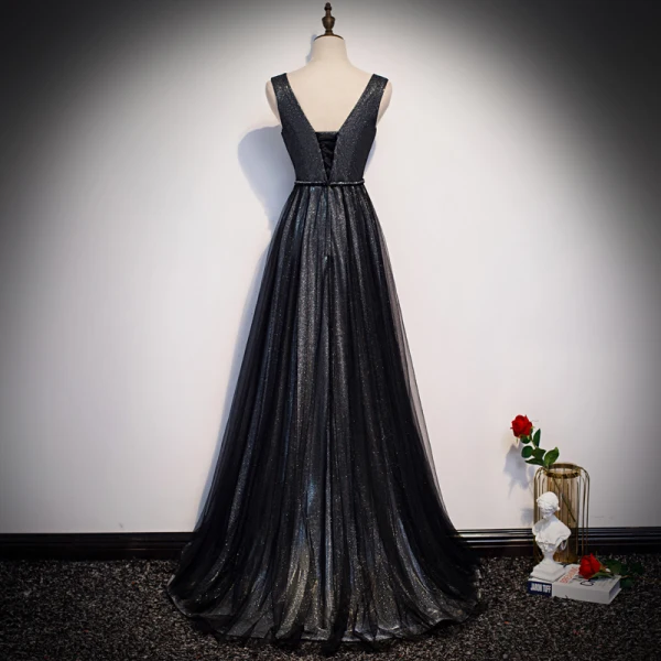 Fashion Black Evening Dresses 2020 A-Line / Princess V-Neck Sleeveless Glitter Tulle Beading Sash Floor-Length / Long Ruffle Backless Formal Dresses