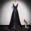 Fashion Black Evening Dresses  2020 A-Line / Princess V-Neck Sleeveless Glitter Tulle Beading Sash Floor-Length / Long Ruffle Backless Formal Dresses