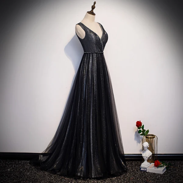 Fashion Black Evening Dresses 2020 A-Line / Princess V-Neck Sleeveless Glitter Tulle Beading Sash Floor-Length / Long Ruffle Backless Formal Dresses