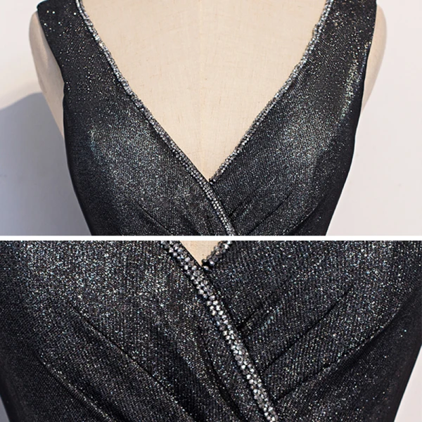 Fashion Black Evening Dresses 2020 A-Line / Princess V-Neck Sleeveless Glitter Tulle Beading Sash Floor-Length / Long Ruffle Backless Formal Dresses