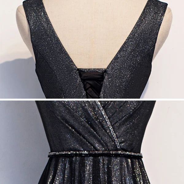 Fashion Black Evening Dresses 2020 A-Line / Princess V-Neck Sleeveless Glitter Tulle Beading Sash Floor-Length / Long Ruffle Backless Formal Dresses