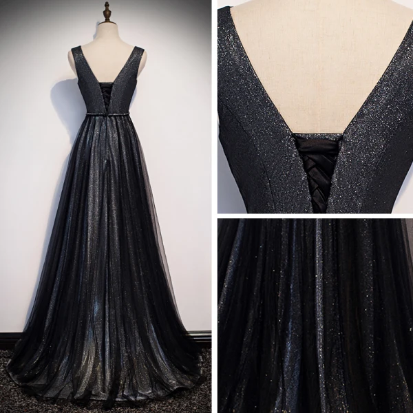 Fashion Black Evening Dresses 2020 A-Line / Princess V-Neck Sleeveless Glitter Tulle Beading Sash Floor-Length / Long Ruffle Backless Formal Dresses