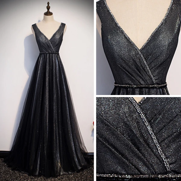 Fashion Black Evening Dresses 2020 A-Line / Princess V-Neck Sleeveless Glitter Tulle Beading Sash Floor-Length / Long Ruffle Backless Formal Dresses