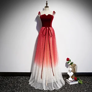 Chic Beautiful Burgundy Gradient Color Evening Dresses 2020 A Line Princess Spaghetti Straps Sleeveless Glitter Sequins Tulle Sash Floor Length Long Ruffle Backless Formal Dresses