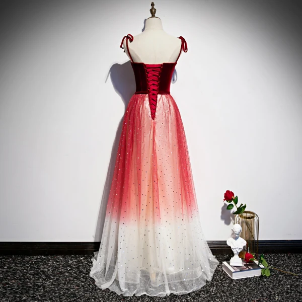 Chic / Beautiful Burgundy Gradient-Color Evening Dresses 2020 A-Line / Princess Spaghetti Straps Sleeveless Glitter Sequins Tulle Sash Floor-Length / Long Ruffle Backless Formal Dresses