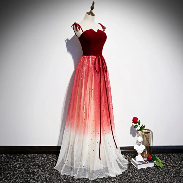 Chic / Beautiful Burgundy Gradient-Color Evening Dresses 2020 A-Line / Princess Spaghetti Straps Sleeveless Glitter Sequins Tulle Sash Floor-Length / Long Ruffle Backless Formal Dresses