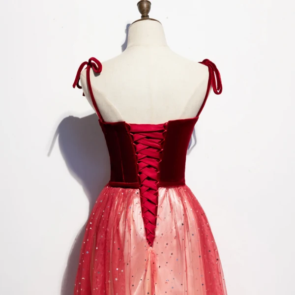 Chic / Beautiful Burgundy Gradient-Color Evening Dresses 2020 A-Line / Princess Spaghetti Straps Sleeveless Glitter Sequins Tulle Sash Floor-Length / Long Ruffle Backless Formal Dresses