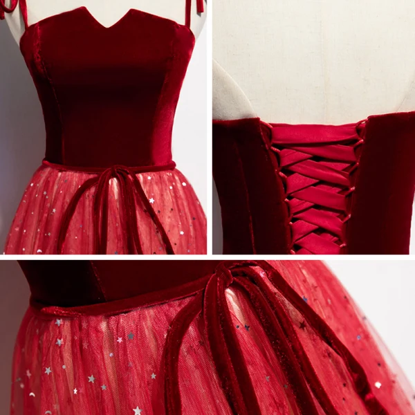 Chic / Beautiful Burgundy Gradient-Color Evening Dresses 2020 A-Line / Princess Spaghetti Straps Sleeveless Glitter Sequins Tulle Sash Floor-Length / Long Ruffle Backless Formal Dresses