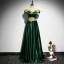 Chic / Beautiful Dark Green Satin Evening Dresses  2020 A-Line / Princess Off-The-Shoulder Short Sleeve Gold Appliques Lace Beading Floor-Length / Long Ruffle Backless Formal Dresses