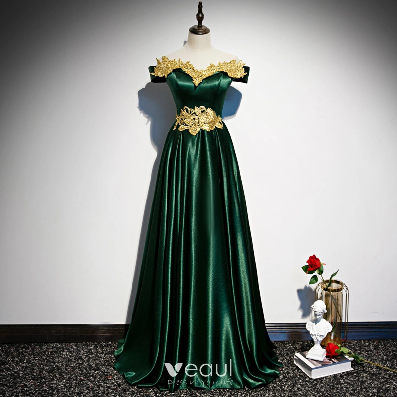 Chic / Beautiful Dark Green Satin Evening Dresses 2020 A-Line / Princess Off-The-Shoulder Short Sleeve Gold Appliques Lace Beading Floor-Length / Long