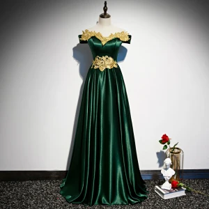 Chic Beautiful Dark Green Satin Evening Dresses 2020 A Line Princess Off The Shoulder Short Sleeve Gold Appliques Lace Beading Floor Length Long Ruffle Backless Formal Dresses