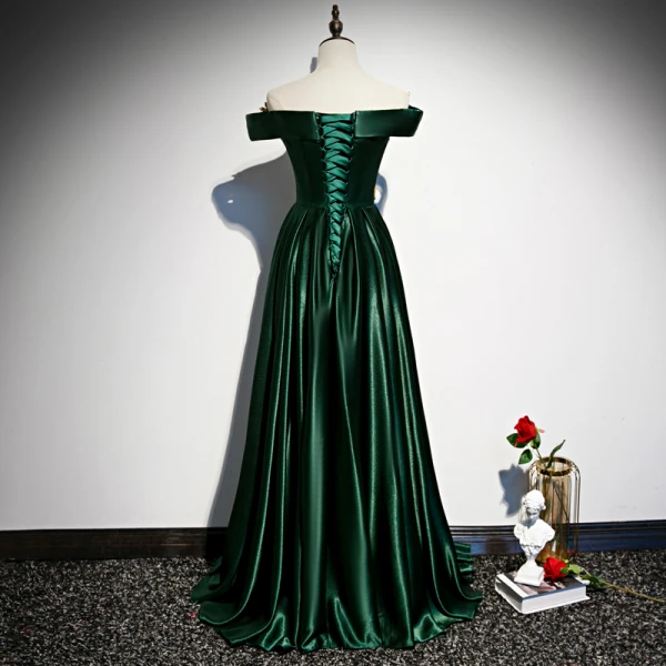 Chic / Beautiful Dark Green Satin Evening Dresses  2020 A-Line / Princess Off-The-Shoulder Short Sleeve Gold Appliques Lace Beading Floor-Length / Long Ruffle Backless Formal Dresses