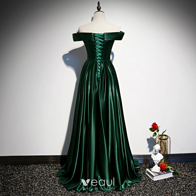 Chic / Beautiful Dark Green Satin Evening Dresses 2020 A-Line / Princess Off-The-Shoulder Short Sleeve Gold Appliques Lace Beading Floor-Length / Long Chic / Beautiful Dark Green Satin Evening Dresses 2020 A-Line / Princess Off-The-Shoulder Short Sleeve Gold Appliques Lace Beading Floor-Length / Long