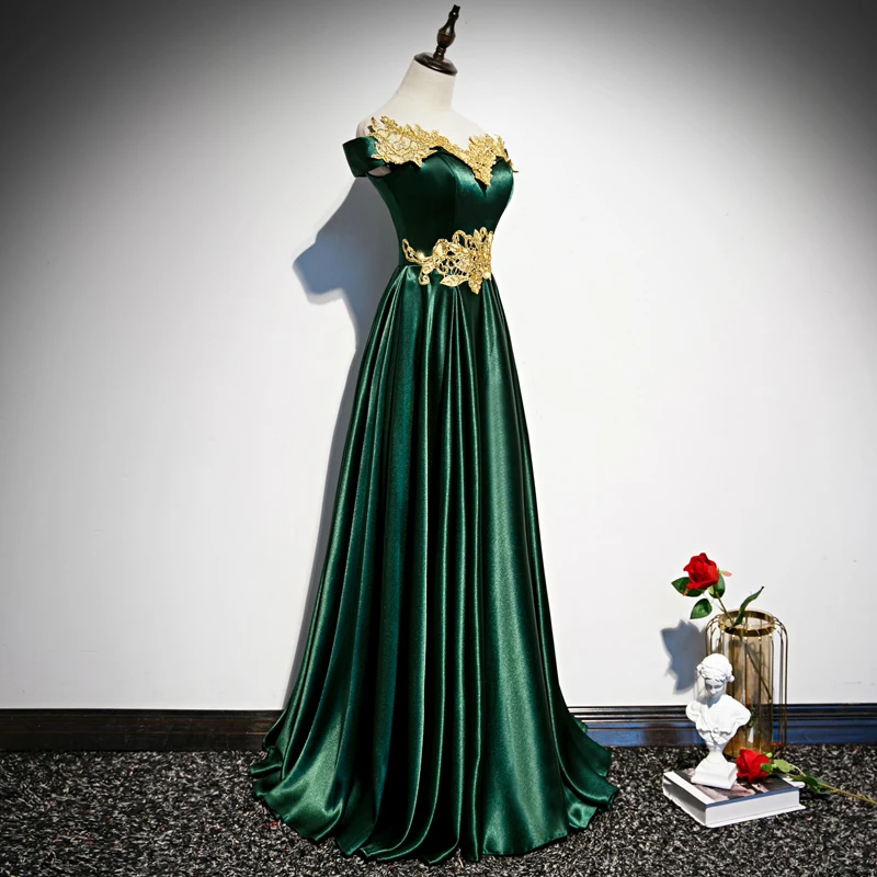 sachin and babi light blue dress Chic Beautiful Dark Green Satin Evening Dresses 2020 A Line Princess Off  The Shoulder Short Sleeve Gold Appliques Lace Beading Floor Length Long  Ruffle Backless Formal Dresses