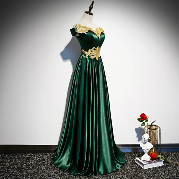 Chic / Beautiful Dark Green Satin Evening Dresses 2020 A-Line / Princess Off-The-Shoulder Short Sleeve Gold Appliques Lace Beading Floor-Length / Long