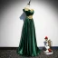 Chic / Beautiful Dark Green Satin Evening Dresses  2020 A-Line / Princess Off-The-Shoulder Short Sleeve Gold Appliques Lace Beading Floor-Length / Long Ruffle Backless Formal Dresses