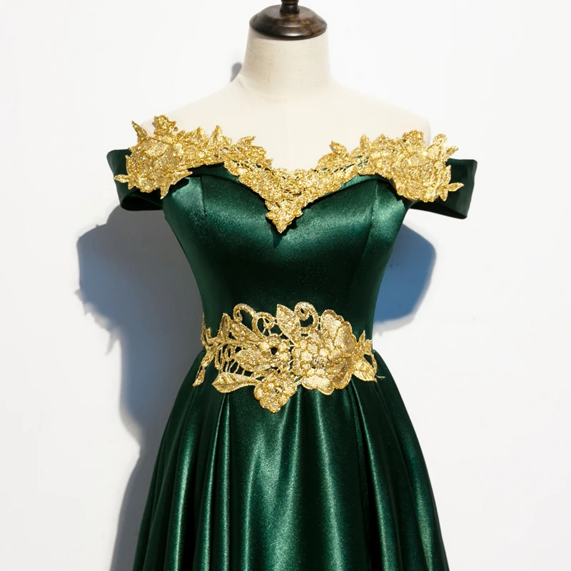 Chic Beautiful Dark Green Satin Evening Dresses 2020 A Line Princess Off  The Shoulder Short Sleeve Gold Appliques Lace Beading Floor Length Long  Ruffle Backless Formal Dresses
