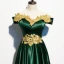 Chic / Beautiful Dark Green Satin Evening Dresses  2020 A-Line / Princess Off-The-Shoulder Short Sleeve Gold Appliques Lace Beading Floor-Length / Long Ruffle Backless Formal Dresses