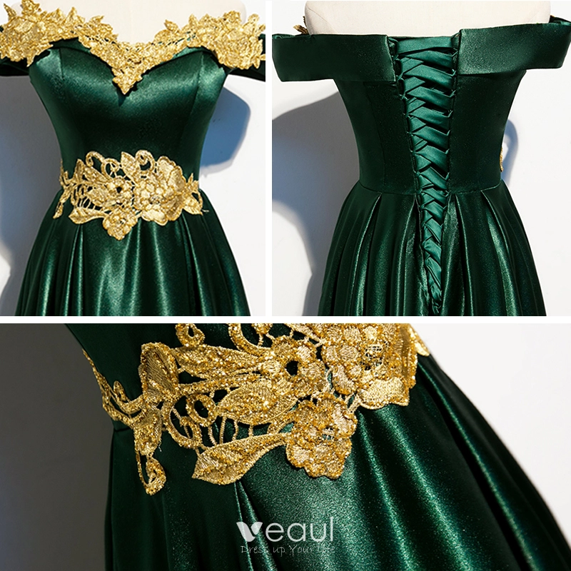 Chic / Beautiful Dark Green Satin Evening Dresses 2020 A-Line / Princess  Off-The-Shoulder Short Sleeve