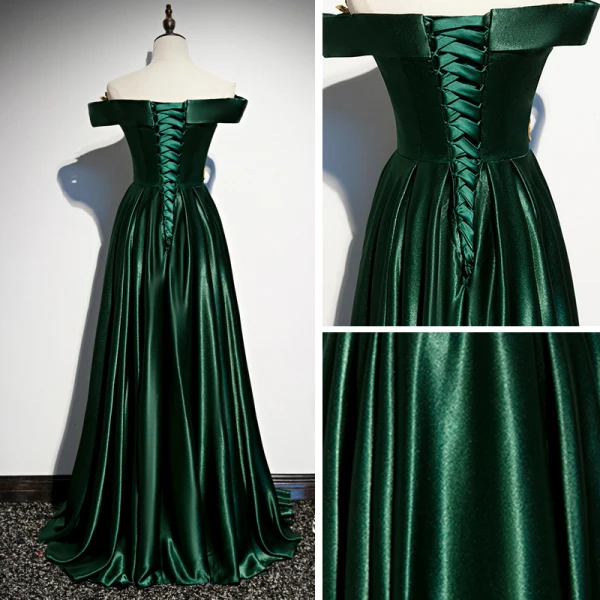 Chic / Beautiful Dark Green Satin Evening Dresses  2020 A-Line / Princess Off-The-Shoulder Short Sleeve Gold Appliques Lace Beading Floor-Length / Long Ruffle Backless Formal Dresses