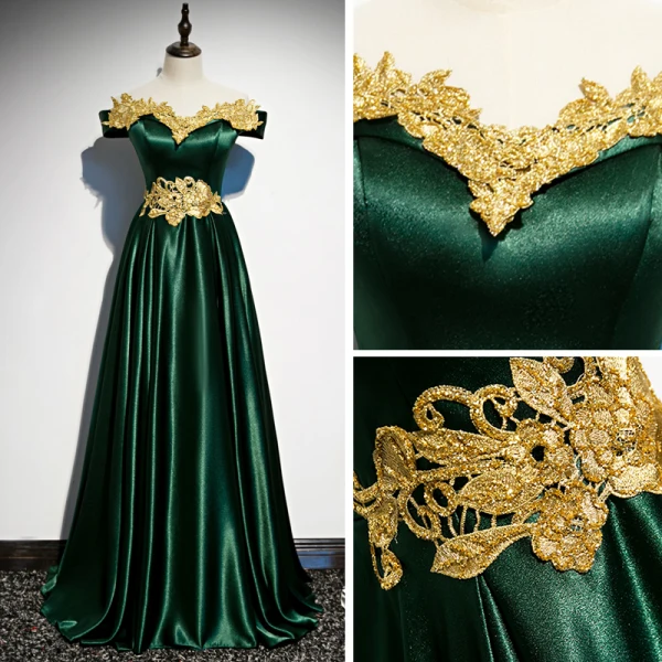Chic / Beautiful Dark Green Satin Evening Dresses  2020 A-Line / Princess Off-The-Shoulder Short Sleeve Gold Appliques Lace Beading Floor-Length / Long Ruffle Backless Formal Dresses