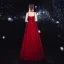 Elegant Burgundy Evening Dresses  2020 A-Line / Princess Spaghetti Straps Sleeveless Glitter Tulle Beading Floor-Length / Long Ruffle Backless Formal Dresses