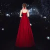 Elegant Burgundy Evening Dresses  2020 A-Line / Princess Spaghetti Straps Sleeveless Glitter Tulle Beading Floor-Length / Long Ruffle Backless Formal Dresses