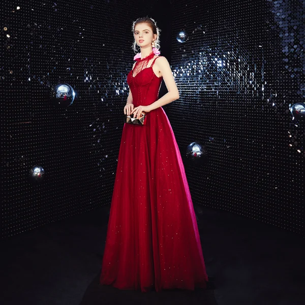 Elegant Burgundy Evening Dresses 2020 A-Line / Princess Spaghetti Straps Sleeveless Glitter Tulle Beading Floor-Length / Long Ruffle Backless Formal Dresses