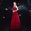 Elegant Burgundy Evening Dresses  2020 A-Line / Princess Spaghetti Straps Sleeveless Glitter Tulle Beading Floor-Length / Long Ruffle Backless Formal Dresses
