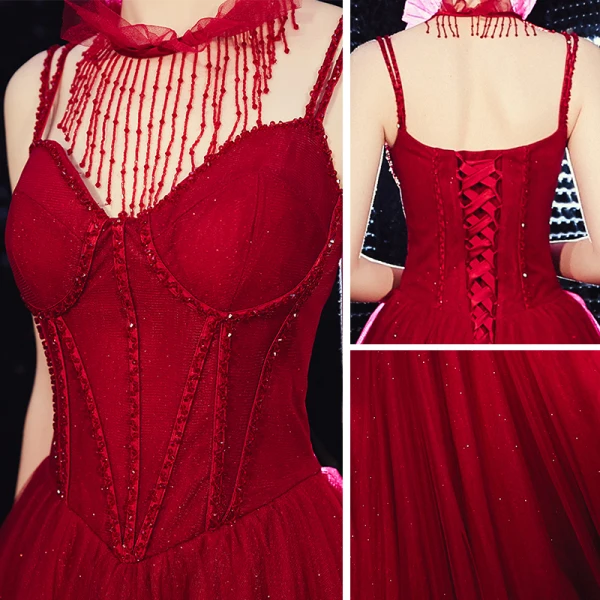 Elegant Burgundy Evening Dresses 2020 A-Line / Princess Spaghetti Straps Sleeveless Glitter Tulle Beading Floor-Length / Long Ruffle Backless Formal Dresses