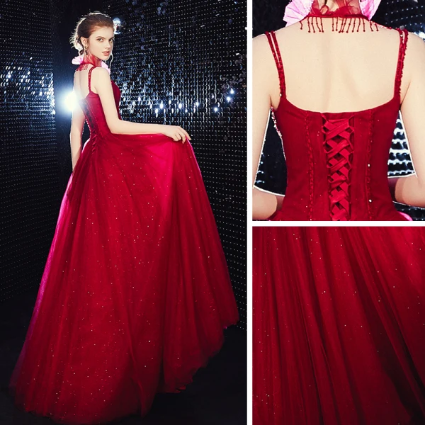 Elegant Burgundy Evening Dresses 2020 A-Line / Princess Spaghetti Straps Sleeveless Glitter Tulle Beading Floor-Length / Long Ruffle Backless Formal Dresses