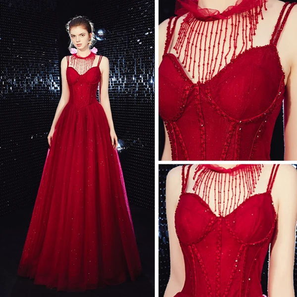 Elegant Burgundy Evening Dresses 2020 A-Line / Princess Spaghetti Straps Sleeveless Glitter Tulle Beading Floor-Length / Long Ruffle Backless Formal Dresses