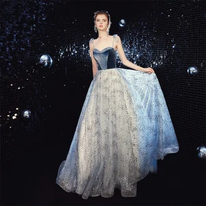 Chic Beautiful Ocean Blue Evening Dresses 2020 A Line Princess Spaghetti Straps Sleeveless Beading Glitter Tulle Sweep Train Ruffle Backless Formal Dresses