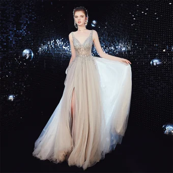 Sexy Champagne See Through Evening Dresses 2020 A Line Princess Deep V Neck Sleeveless Beading Split Front Sweep Train Ruffle Backless Formal Dresses