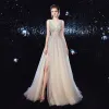 Sexy Champagne See-through Evening Dresses  2020 A-Line / Princess Deep V-Neck Sleeveless Beading Split Front Sweep Train Ruffle Backless Formal Dresses
