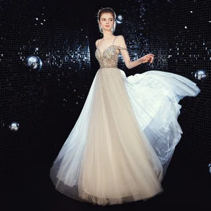 Sexy Champagne Transparentes Robe De Soirée 2020 Princesse Bretelles Spaghetti V Cou Manches Courtes Perlage Longue Dos Nu Robe De Ceremonie