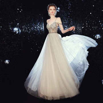 Sexy Champagne See Through Evening Dresses 2020 A Line Princess Spaghetti Straps V Neck Short Sleeve Beading Floor Length Long Backless Formal Dresses