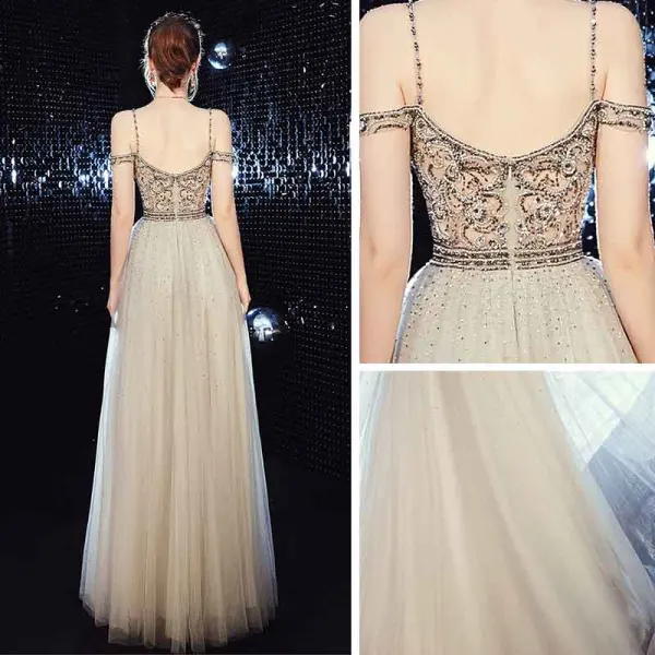 Sexy Champagne Transparentes Robe De Soirée 2020 Princesse Bretelles Spaghetti V-Cou Manches Courtes Perlage Longue Dos Nu Robe De Ceremonie